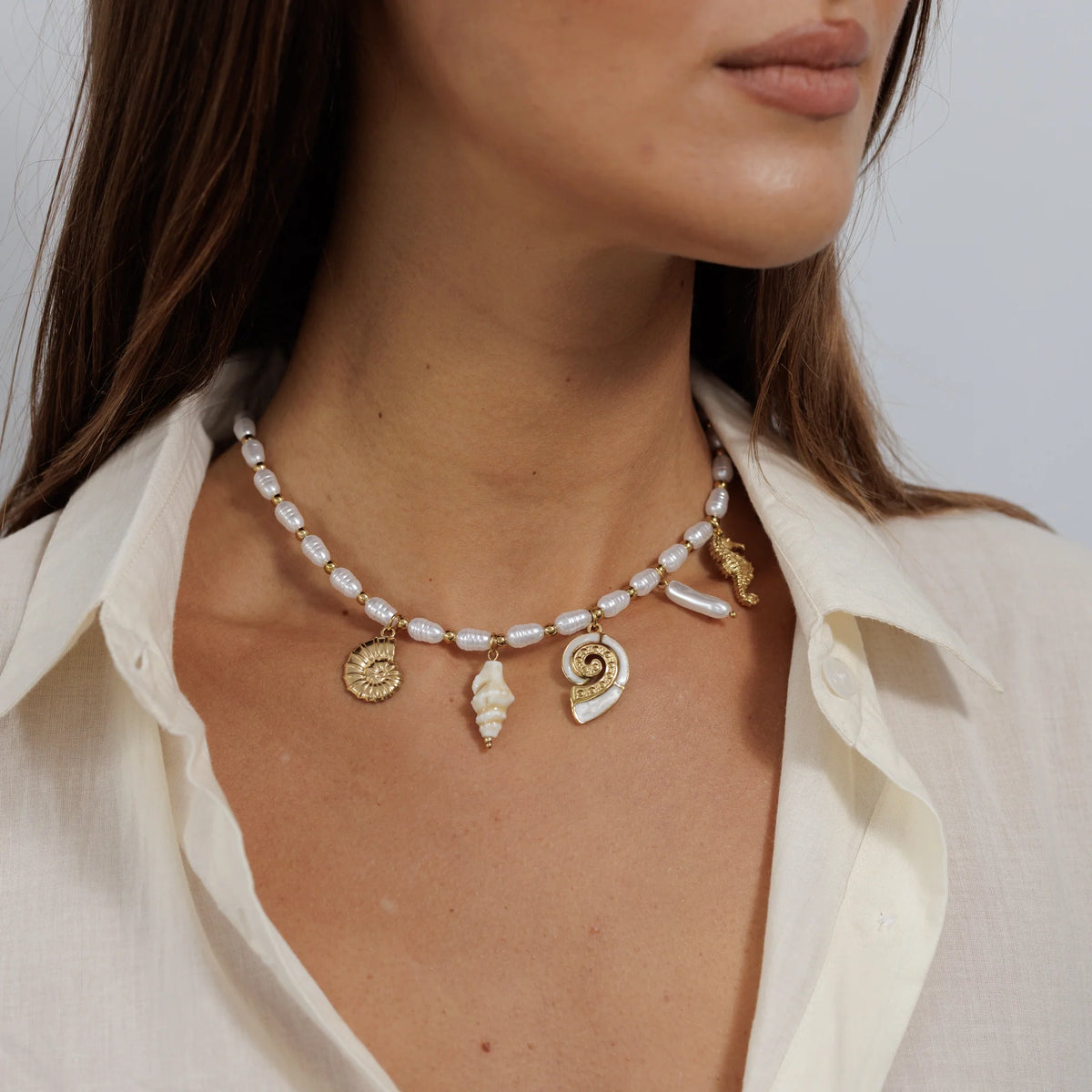 Gold Pearl Charm Necklace Shell