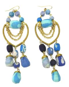 Fabric and Brass Chandelier Earrings in Blues