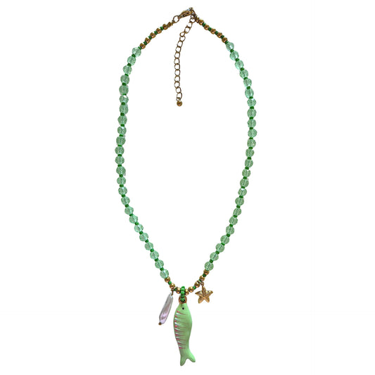Green Fish Beaded Charm Necklace