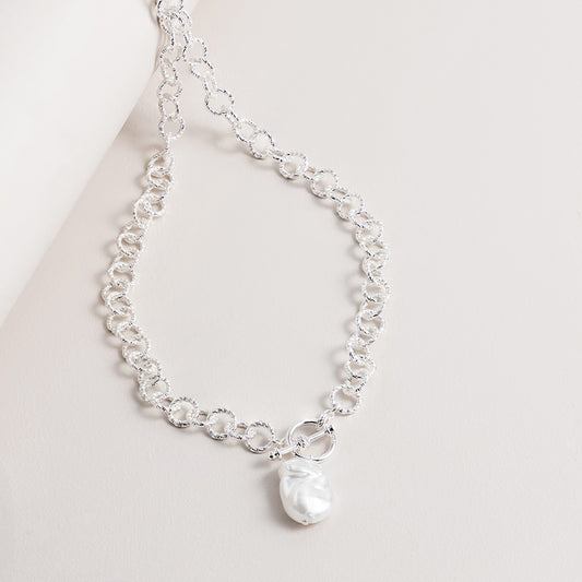 Fancy Pearl and Silver Fob Chain Necklace