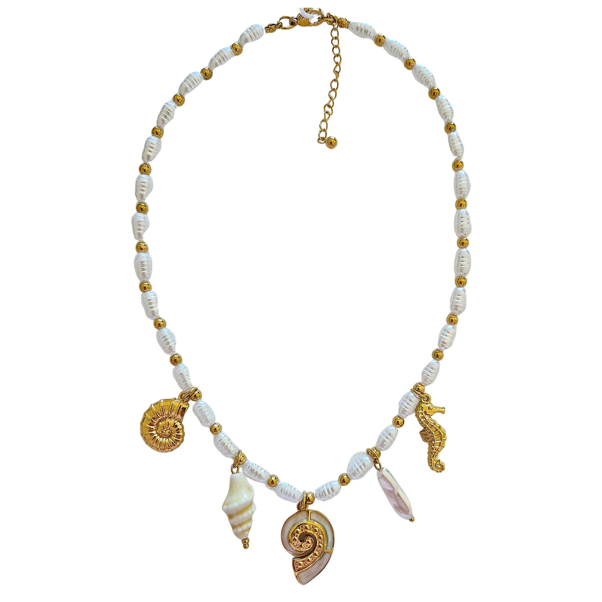 Gold Pearl Charm Necklace Shell