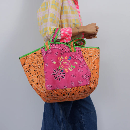 Cotton Beach Bag-Pink/Orange
