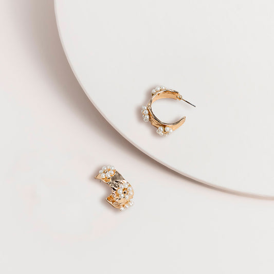 Pearl Flower Beaten Hoop Earrings