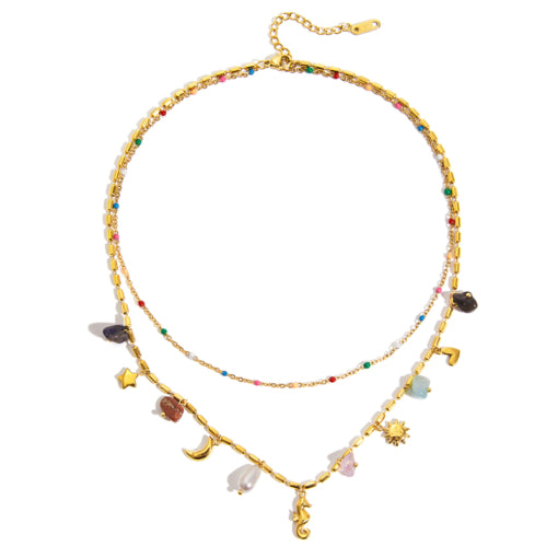 Gold Charm Necklace - Seahorse & Stars