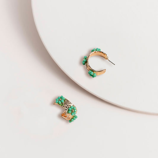 Turquoise Flower Beaten Hoop Earrings