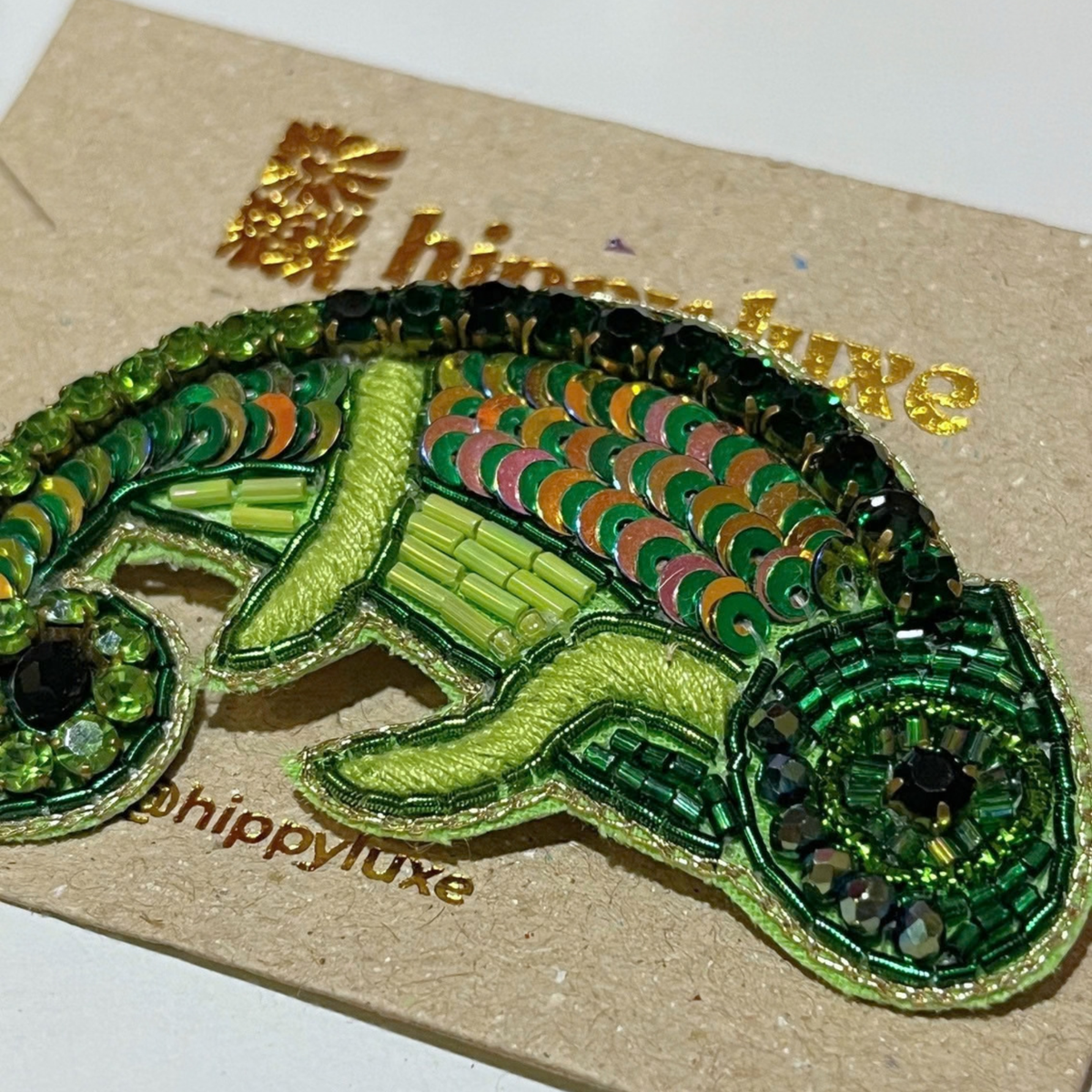 Hand Beaded and Sequinned Chameleon Brooch