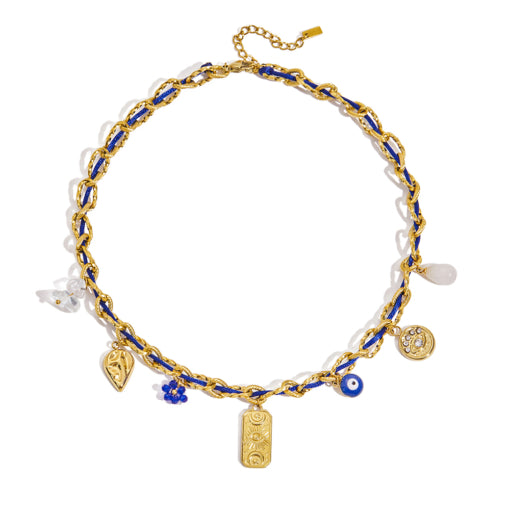 Gold Charm Necklace - Blue Evil Eye
