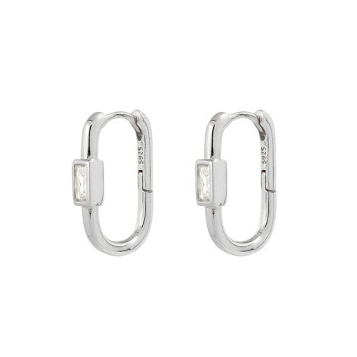 Sterling silver oblong hoop earrings with square CZ