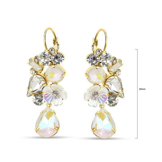 White,pearl and crystal floral earrings on french clip